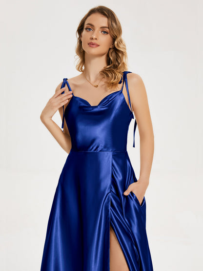Kamila Spaghetti Straps Slit Soft Satin Bridesmaid Dress