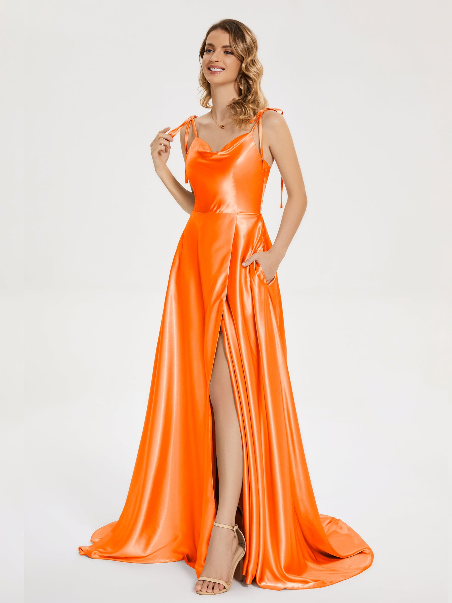 Kamila Spaghetti Straps Slit Soft Satin Bridesmaid Dress
