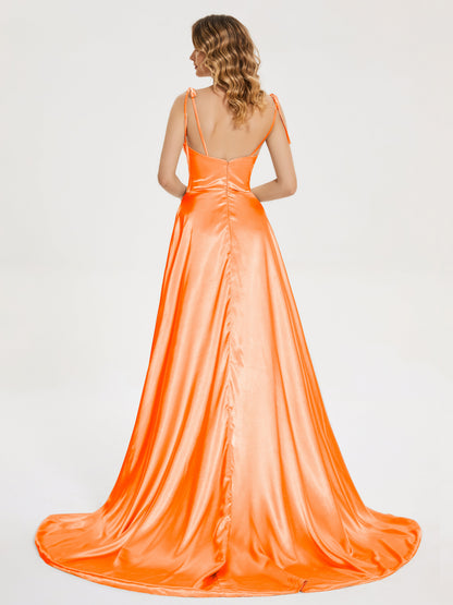 Kamila Spaghetti Straps Slit Soft Satin Bridesmaid Dress