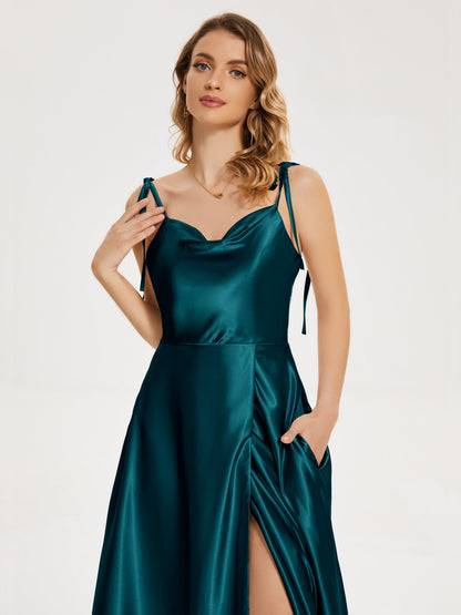 Kamila Spaghetti Straps Slit Soft Satin Bridesmaid Dress
