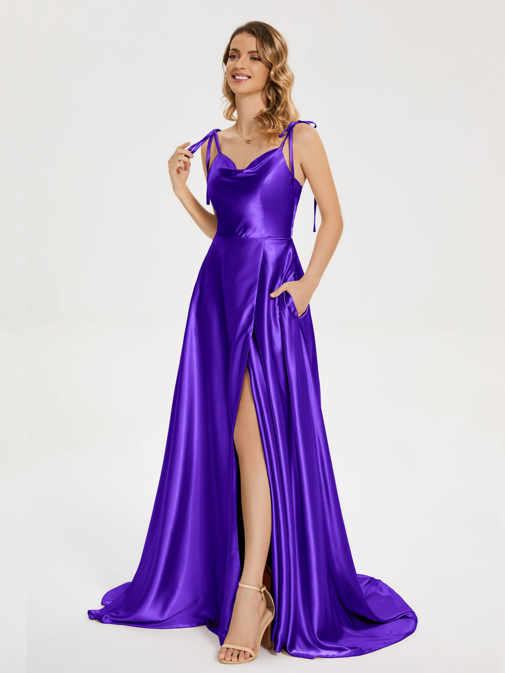 Kamila Spaghetti Straps Slit Soft Satin Bridesmaid Dress
