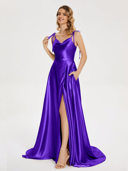 Kamila Spaghetti Straps Slit Soft Satin Bridesmaid Dress