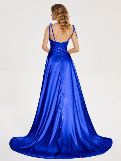 Kamila Spaghetti Straps Slit Soft Satin Bridesmaid Dress