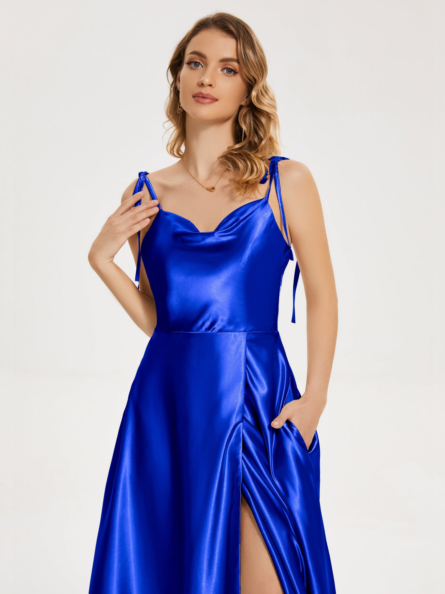 Kamila Spaghetti Straps Slit Soft Satin Bridesmaid Dress