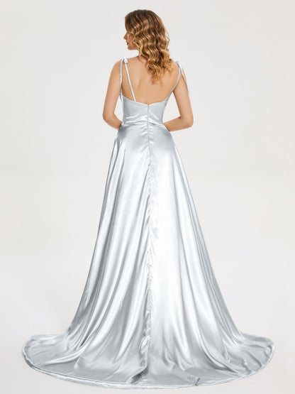 Kamila Spaghetti Straps Slit Soft Satin Bridesmaid Dress