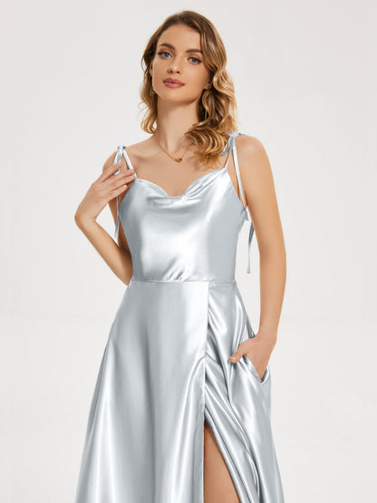 Kamila Spaghetti Straps Slit Soft Satin Bridesmaid Dress
