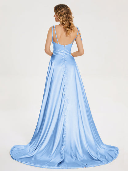 Kamila Spaghetti Straps Slit Soft Satin Bridesmaid Dress