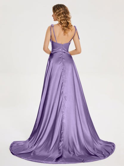 Kamila Spaghetti Straps Slit Soft Satin Bridesmaid Dress