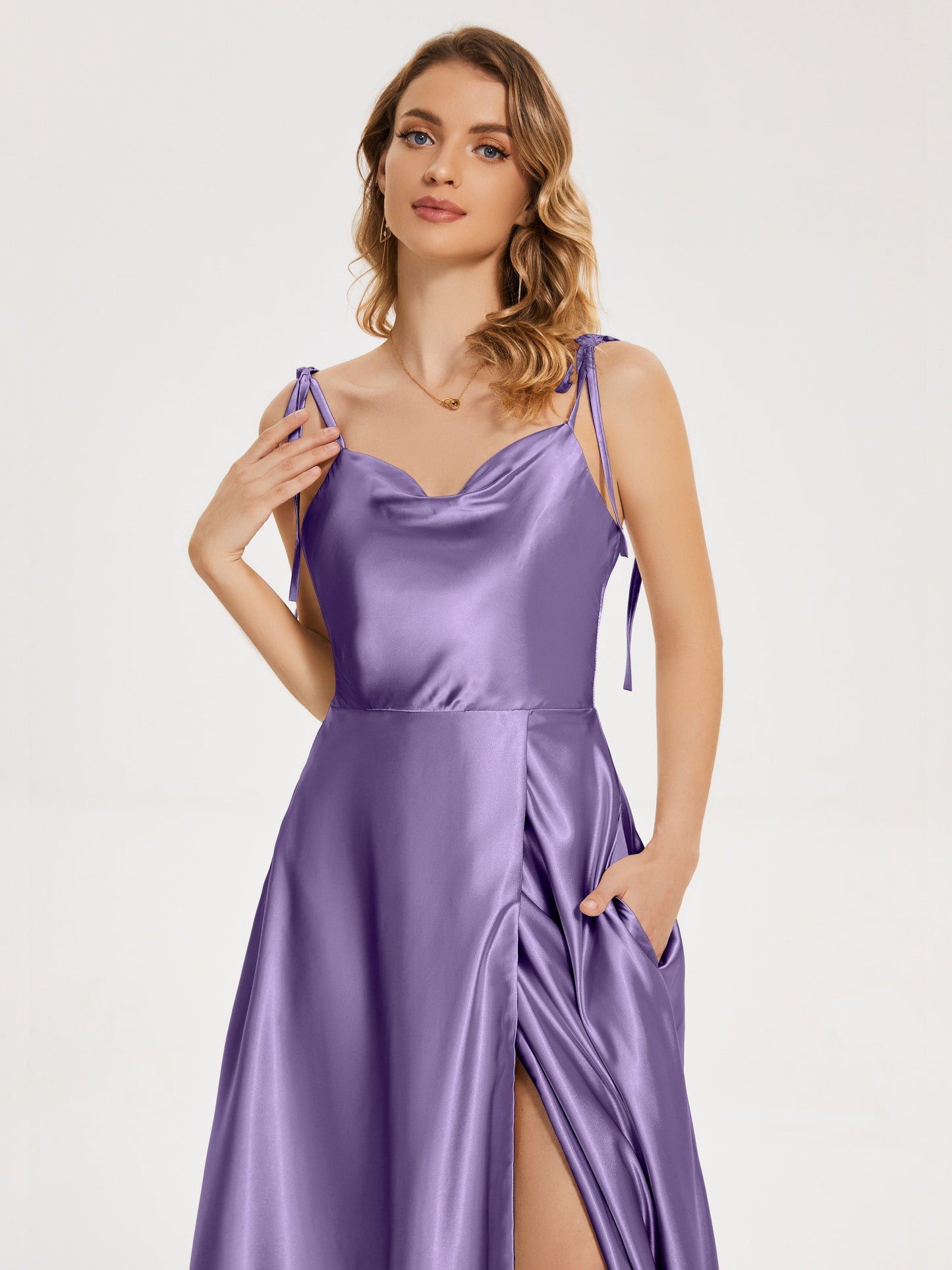 Kamila Spaghetti Straps Slit Soft Satin Bridesmaid Dress