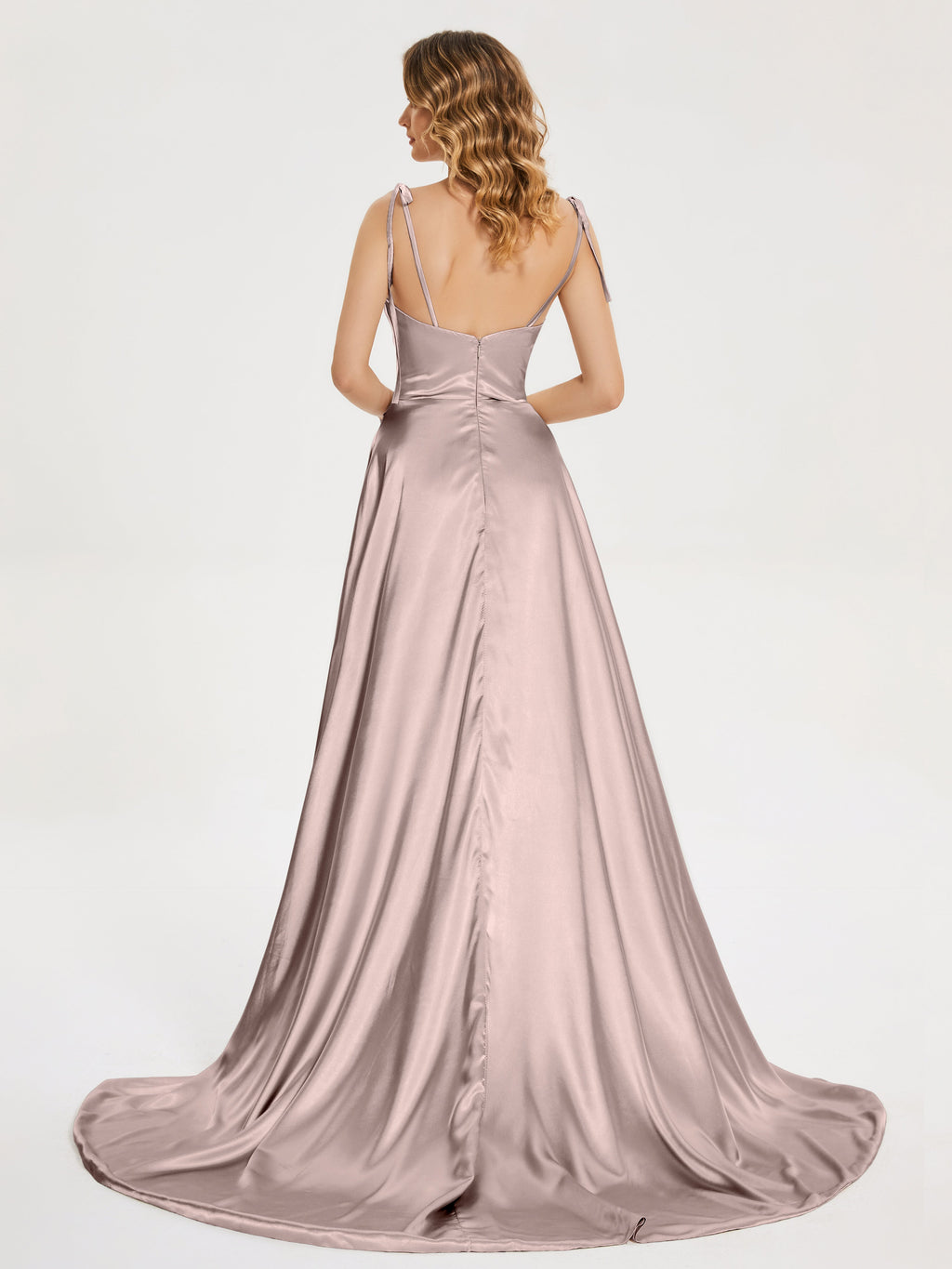 Kamila Spaghetti Straps Slit Soft Satin Bridesmaid Dress