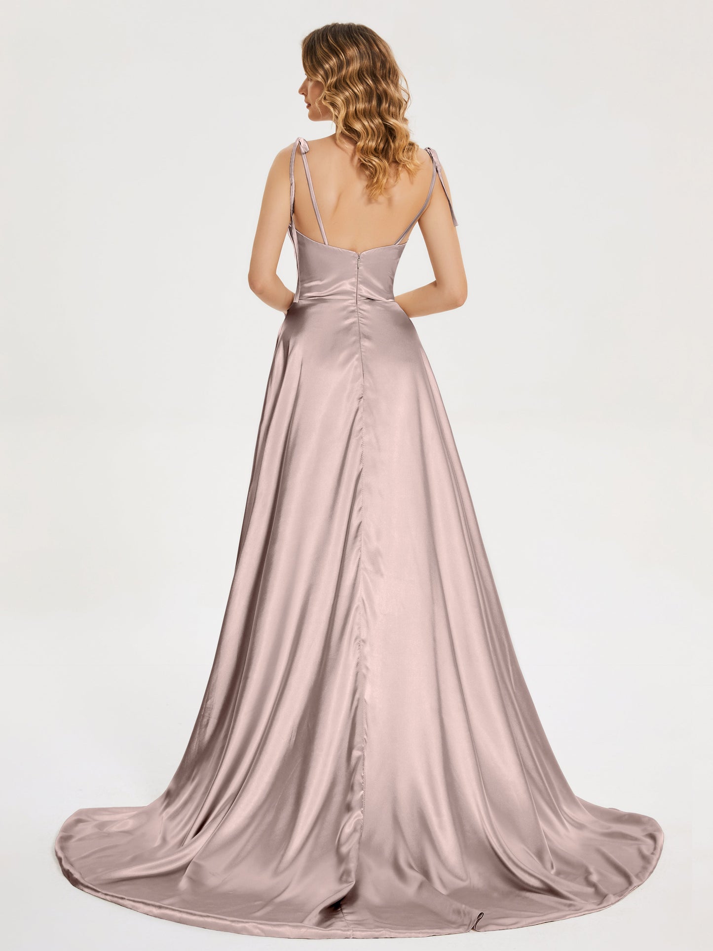 Kamila Spaghetti Straps Slit Soft Satin Bridesmaid Dress