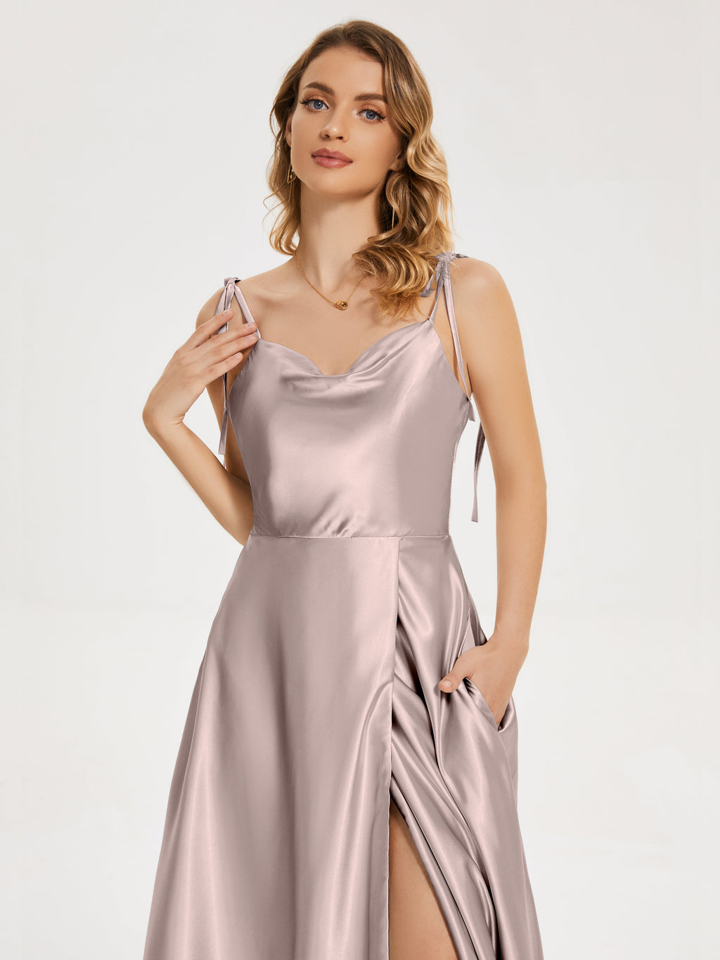 Kamila Spaghetti Straps Slit Soft Satin Bridesmaid Dress