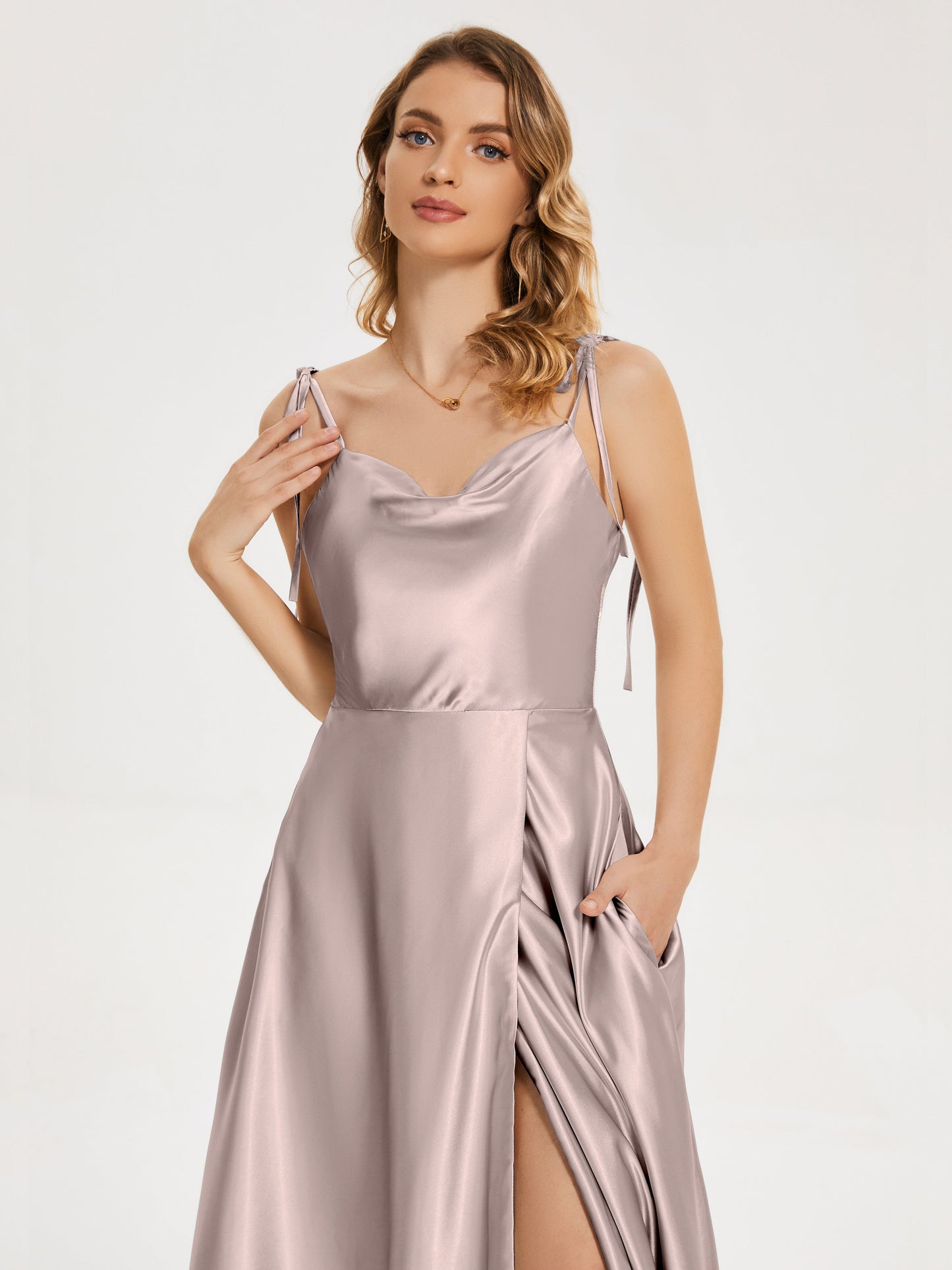 Kamila Spaghetti Straps Slit Soft Satin Bridesmaid Dress