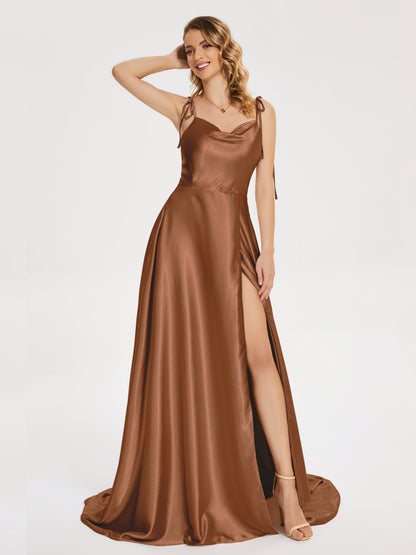 Kamila Spaghetti Straps Slit Soft Satin Bridesmaid Dress