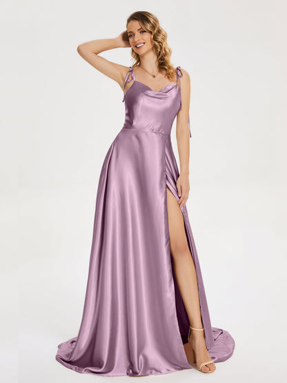 Kamila Spaghetti Straps Slit Soft Satin Bridesmaid Dress