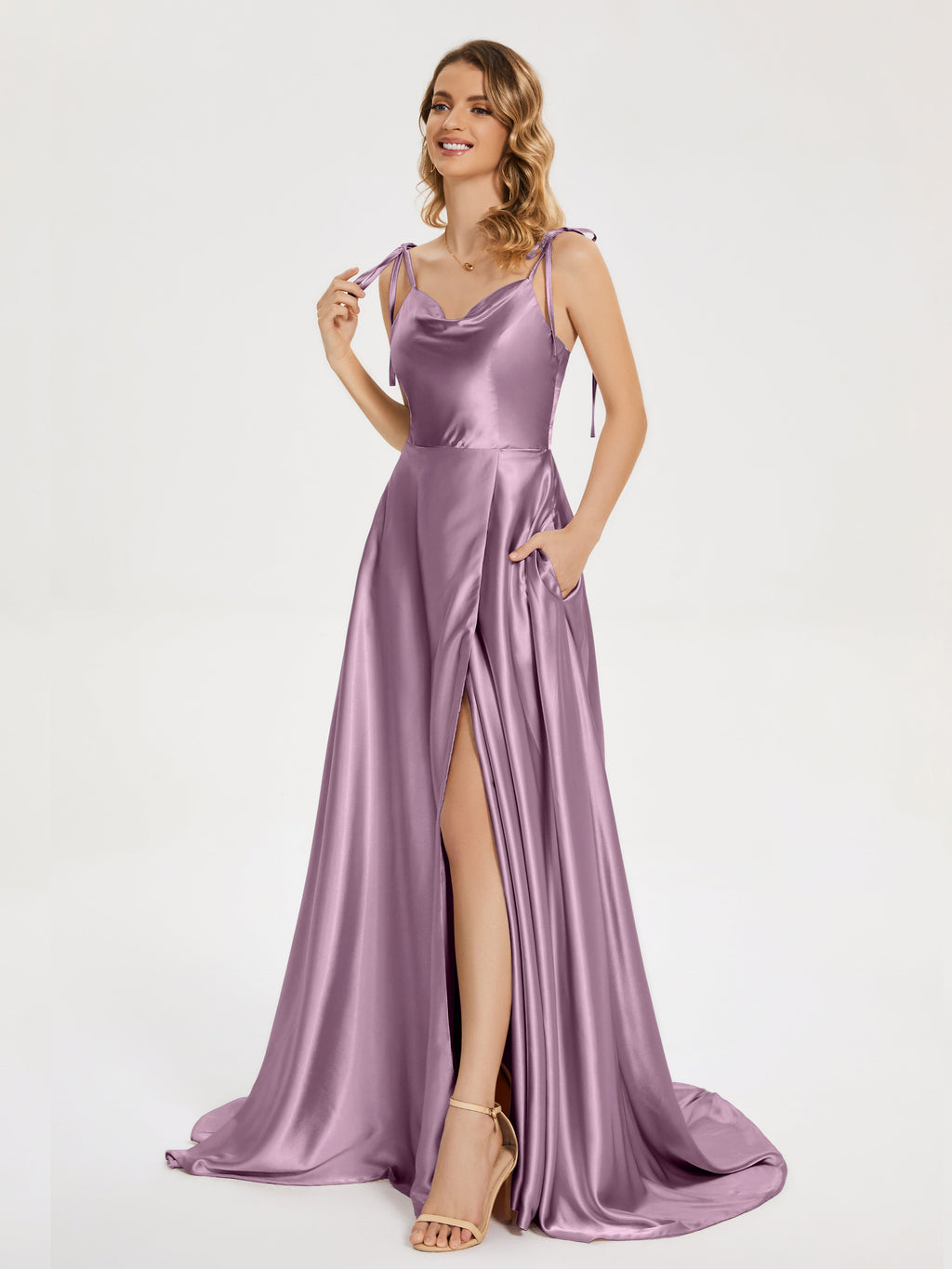 Kamila Spaghetti Straps Slit Soft Satin Bridesmaid Dress