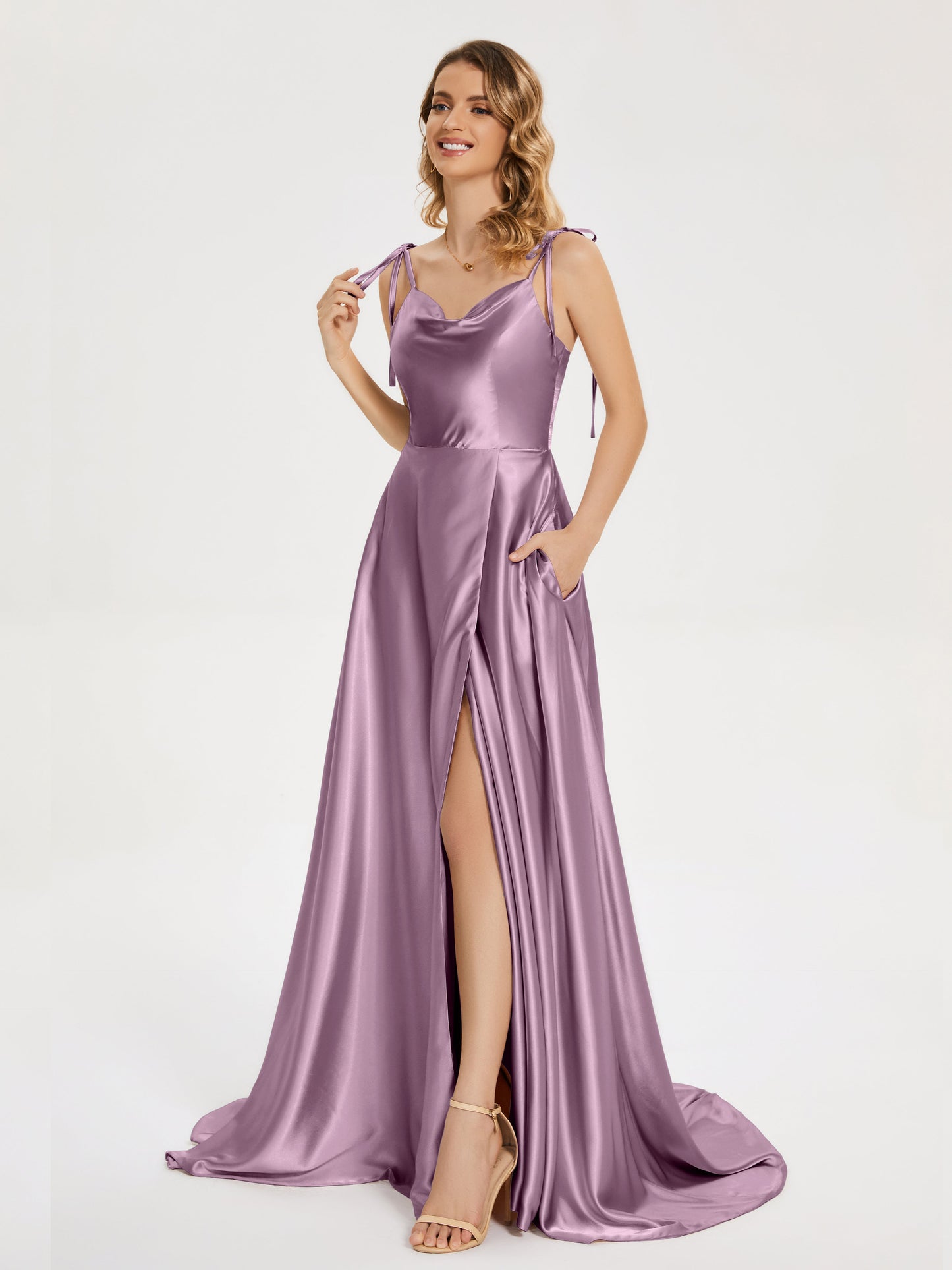 Kamila Spaghetti Straps Slit Soft Satin Bridesmaid Dress