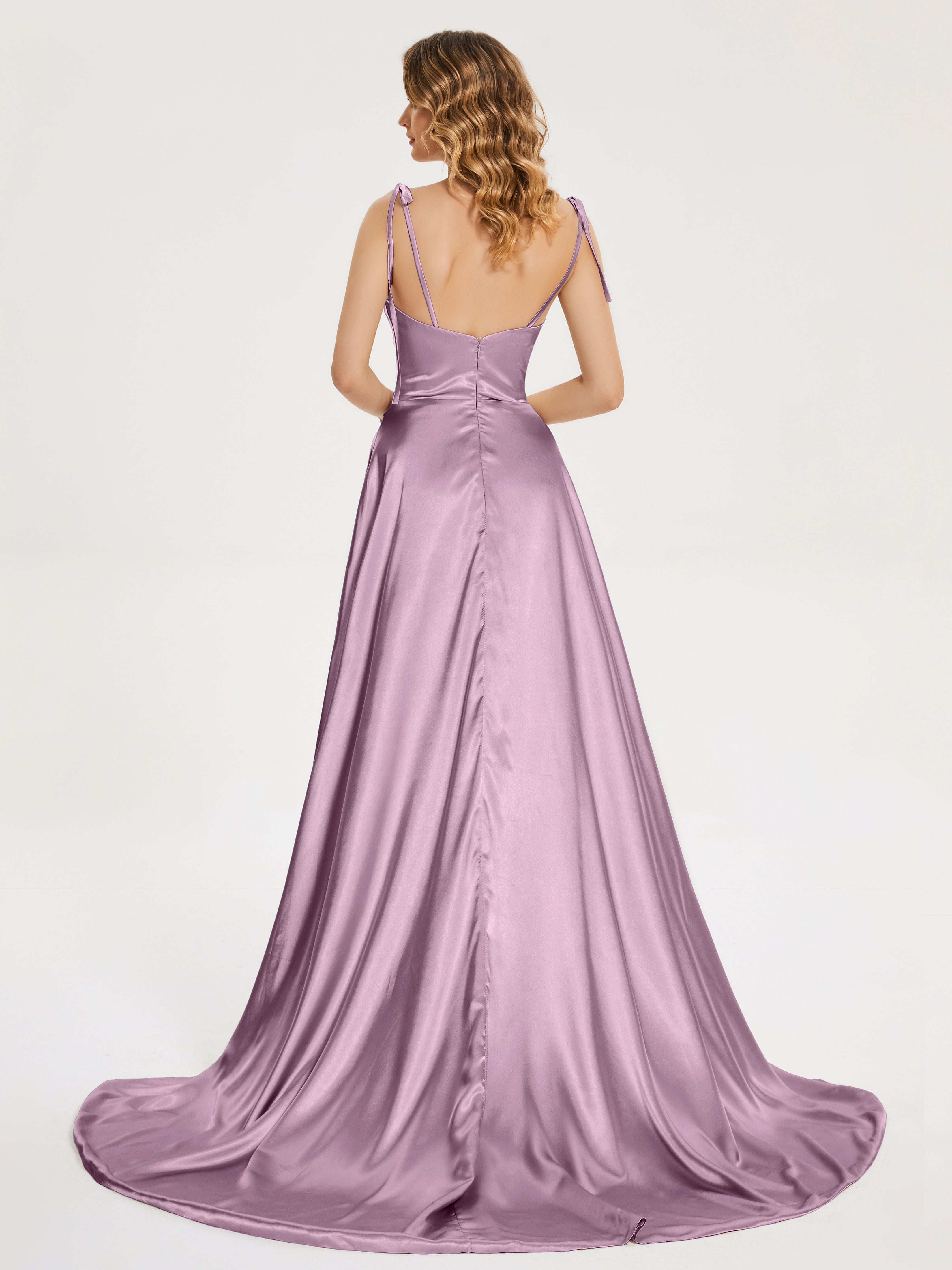 Kamila Spaghetti Straps Slit Soft Satin Bridesmaid Dress