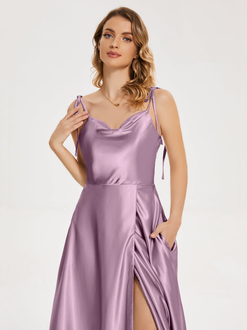 Kamila Spaghetti Straps Slit Soft Satin Bridesmaid Dress