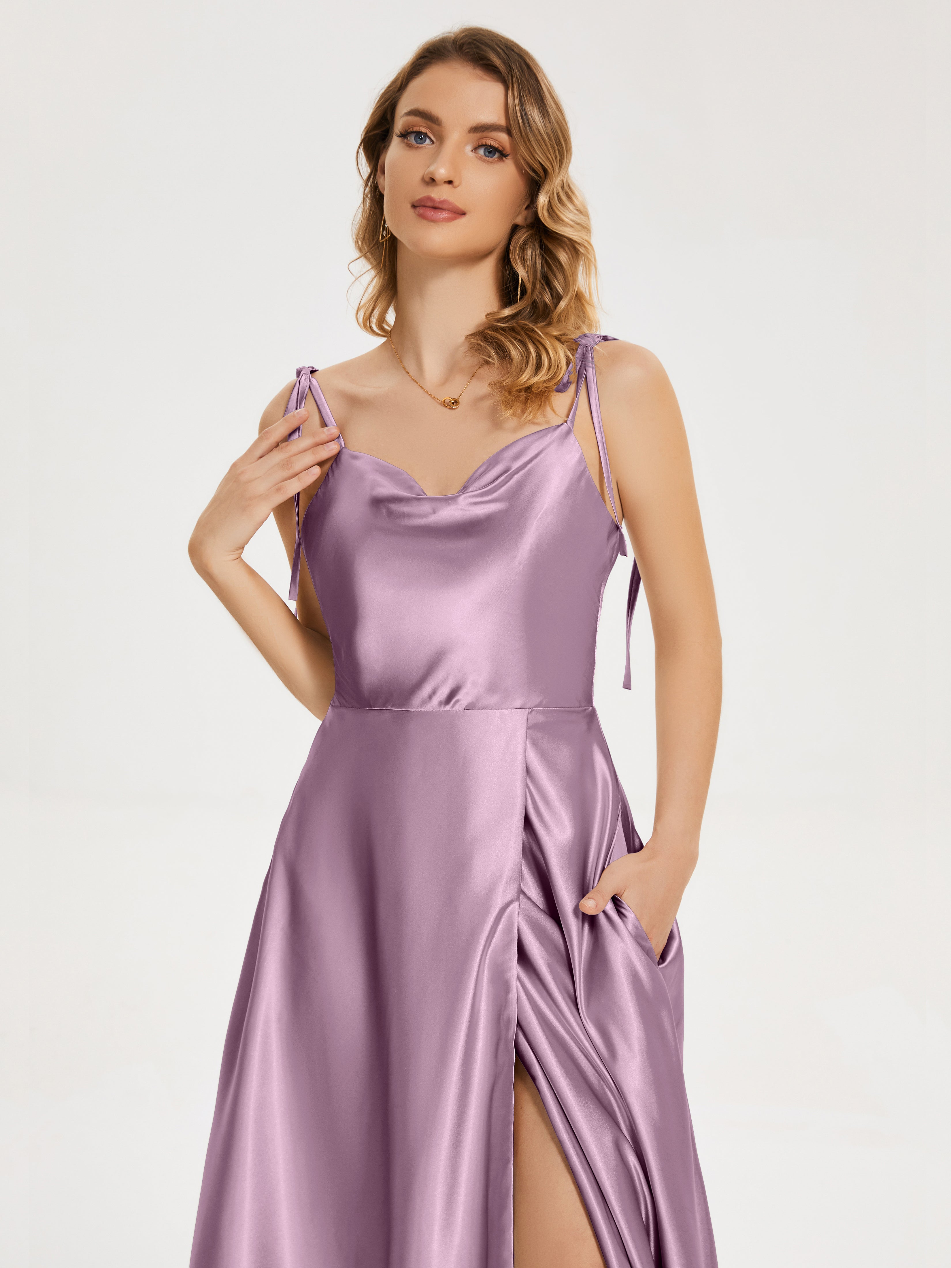 Kamila Spaghetti Straps Slit Soft Satin Bridesmaid Dress