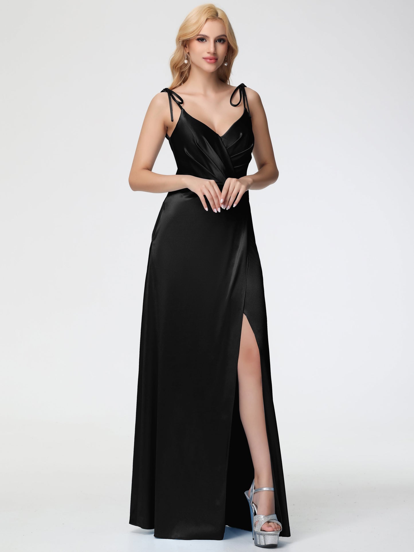 Black Stretchy Bridesmaid Dress Spaghetti Straps V-Neck Ruched Floor Length Stretch Satin Bridesmaid Dress With Slit