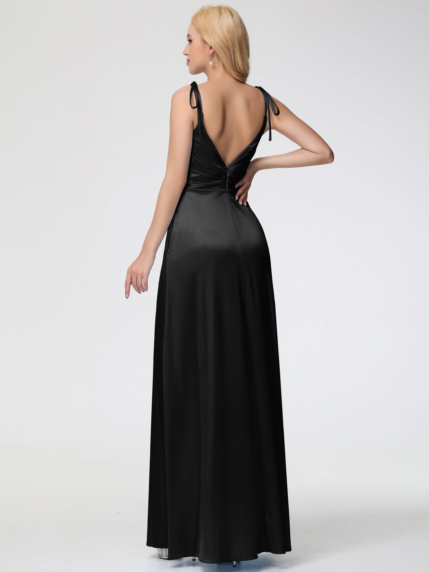 Black Stretchy Bridesmaid Dress Spaghetti Straps V-Neck Ruched Floor Length Stretch Satin Bridesmaid Dress With Slit