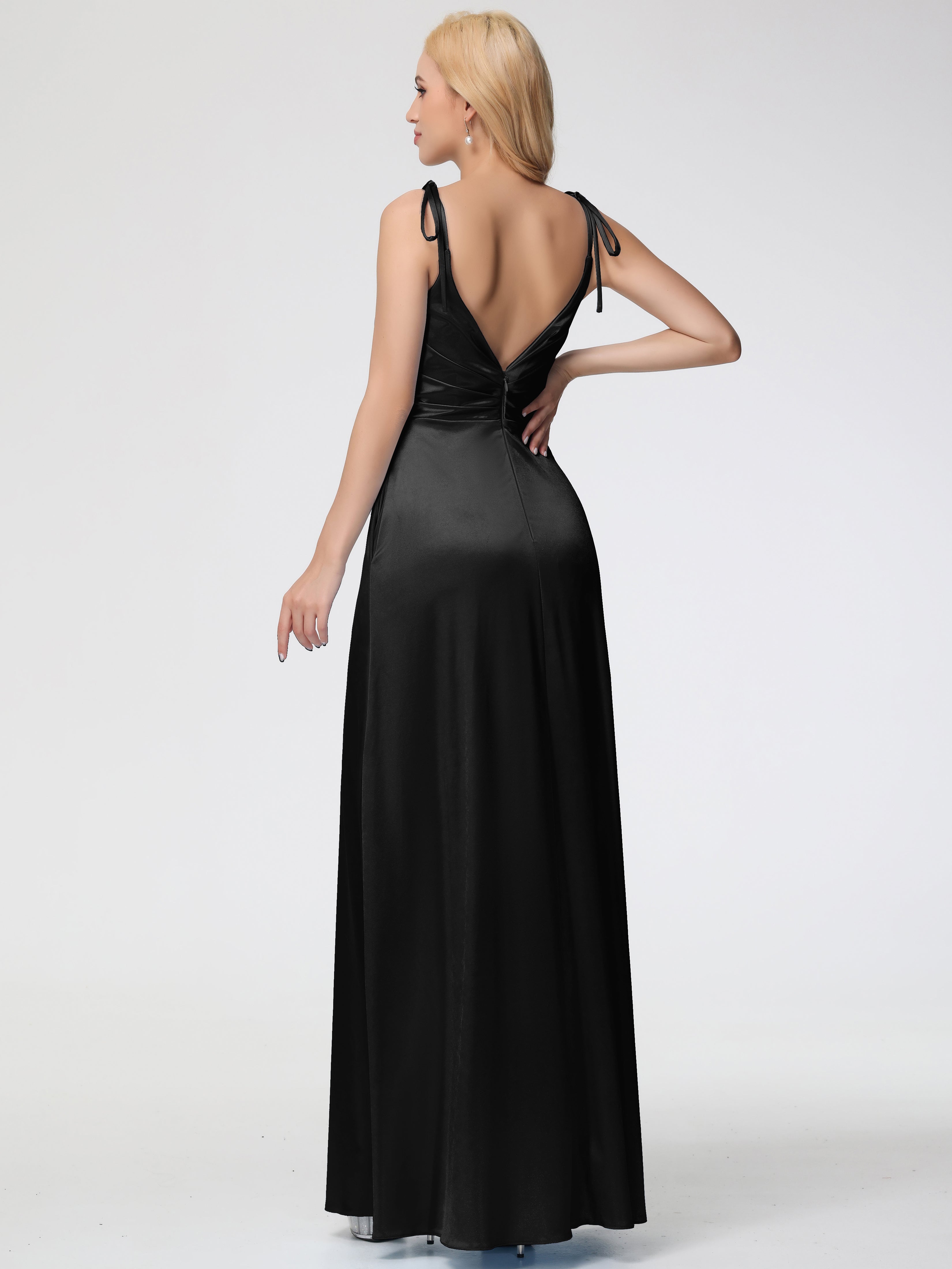 Black Stretchy Bridesmaid Dress Spaghetti Straps V-Neck Ruched Floor Length Stretch Satin Bridesmaid Dress With Slit
