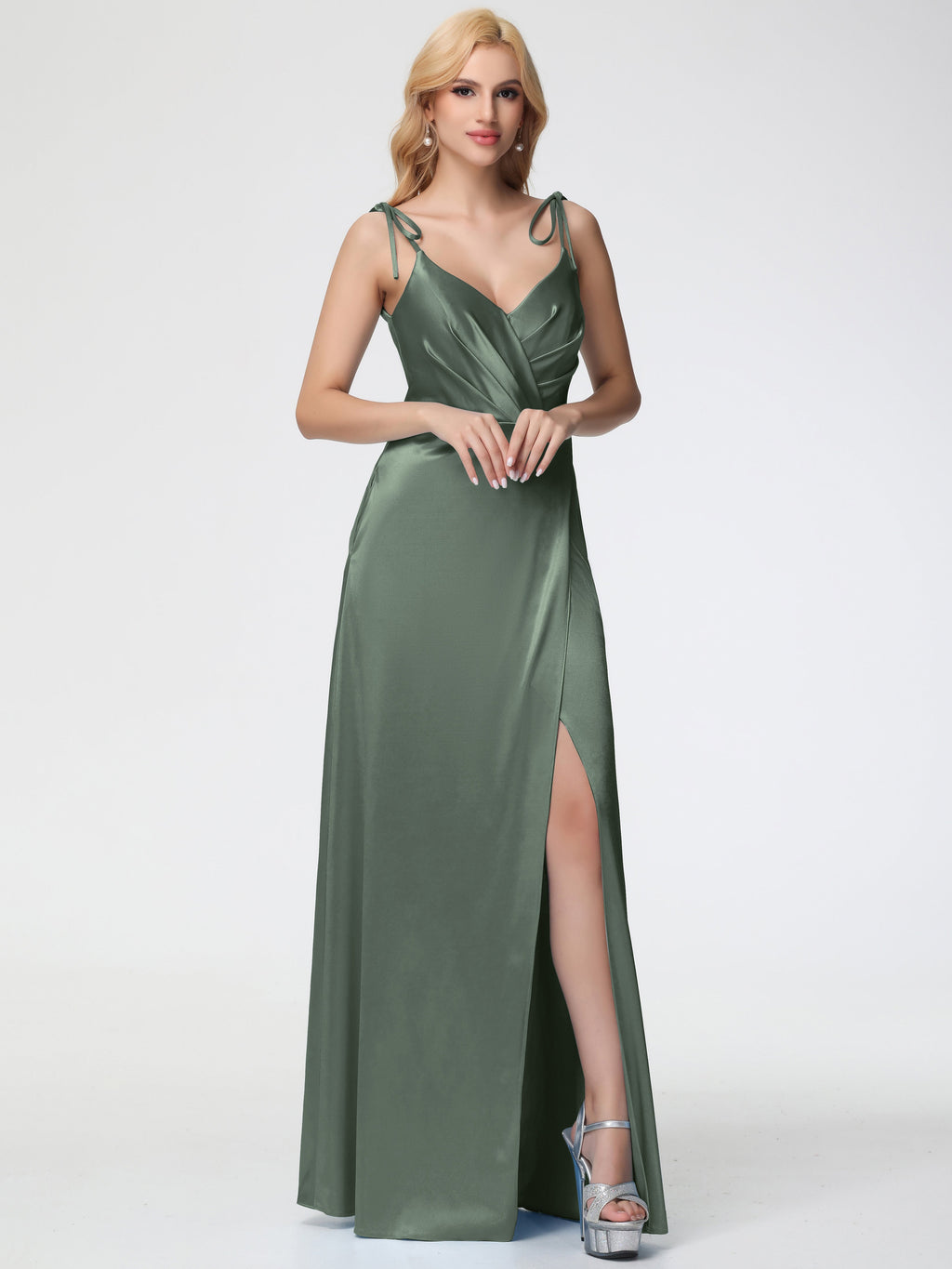 Bridesmaid Olive Green Dresses Spaghetti Straps V-Neck Ruched Floor Length Stretch Satin Bridesmaid Dress With Slit