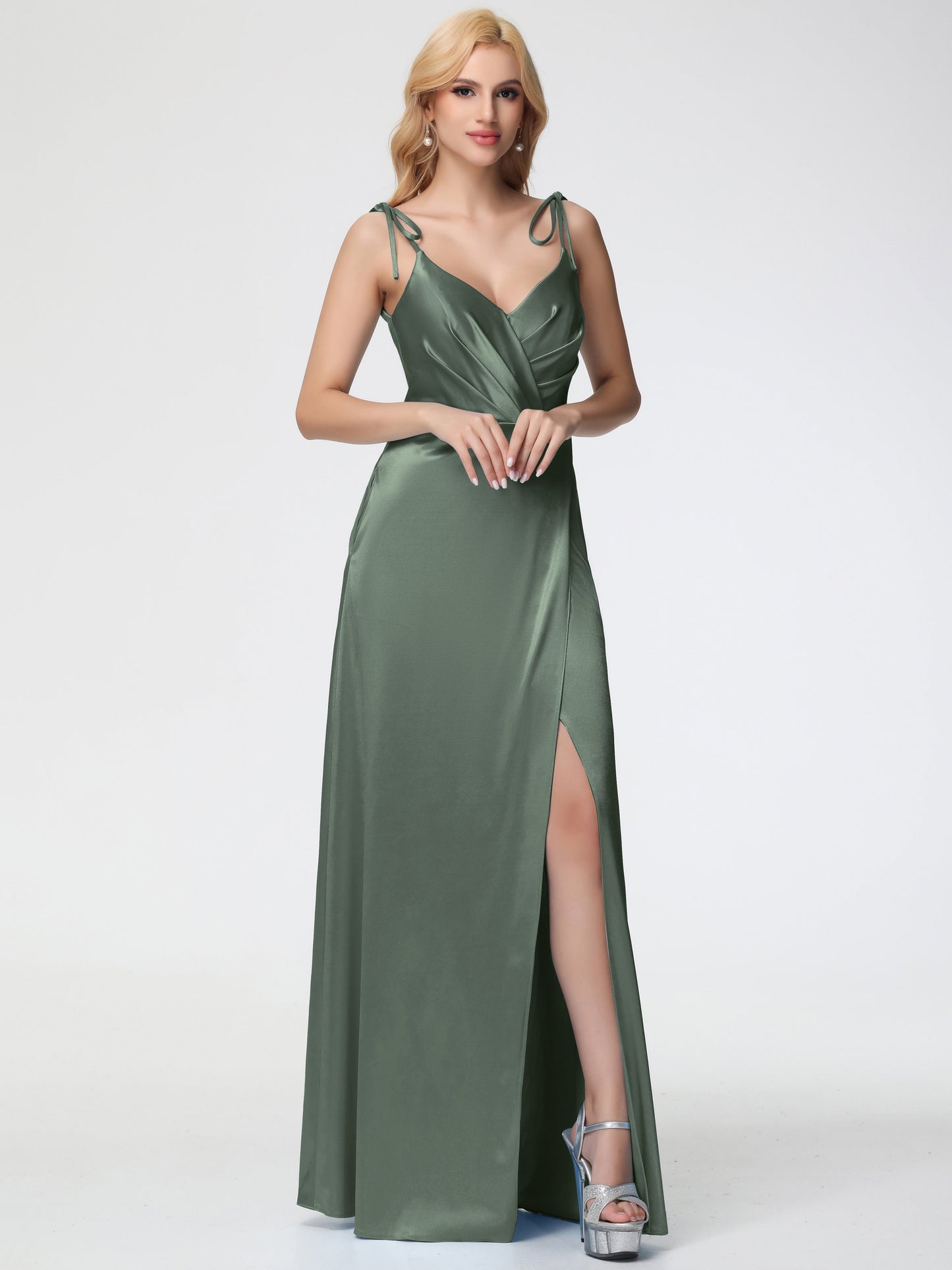 Bridesmaid Olive Green Dresses Spaghetti Straps V-Neck Ruched Floor Length Stretch Satin Bridesmaid Dress With Slit