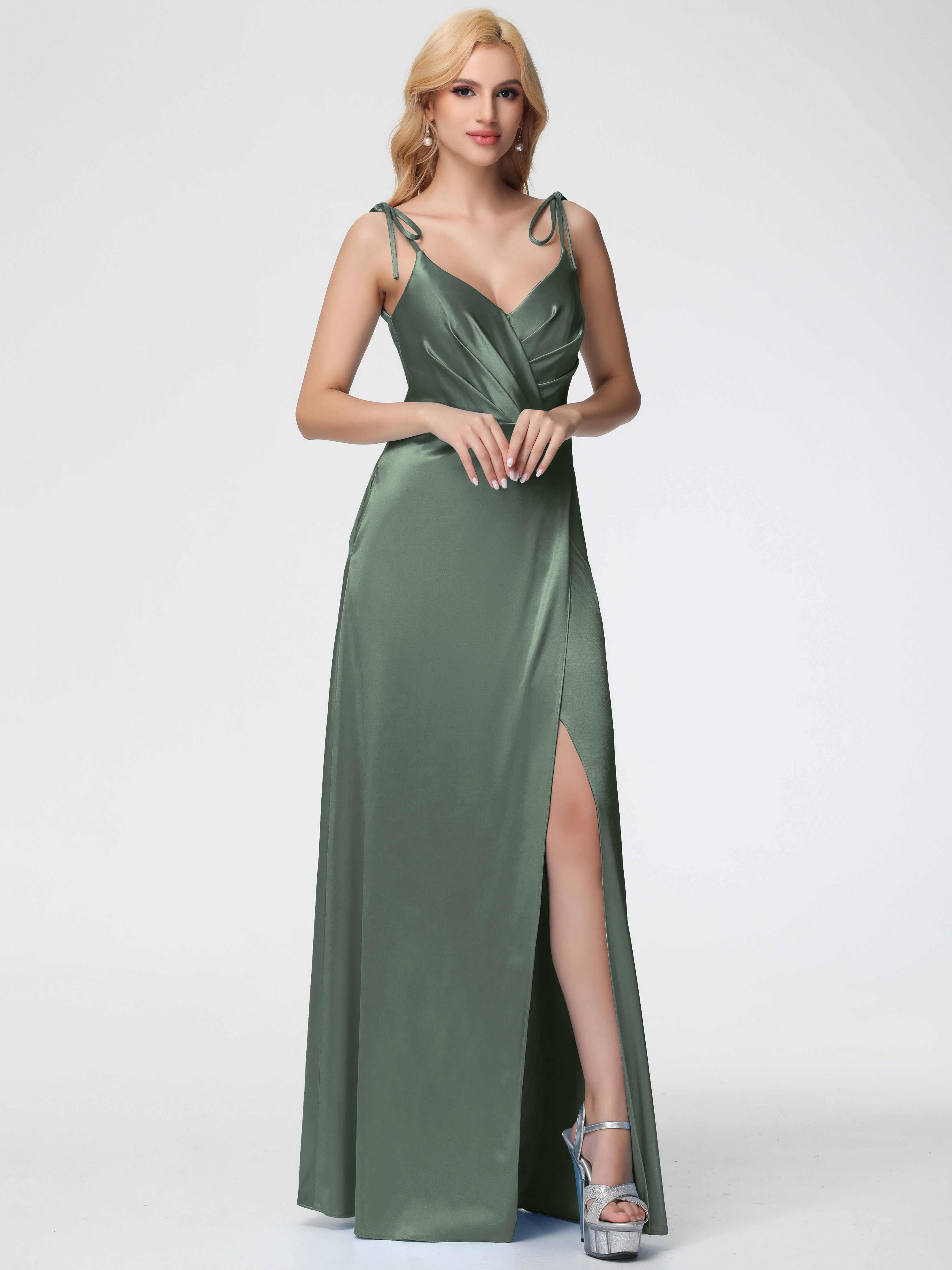 Bridesmaid Olive Green Dresses Spaghetti Straps V-Neck Ruched Floor Length Stretch Satin Bridesmaid Dress With Slit