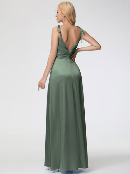 Bridesmaid Olive Green Dresses Spaghetti Straps V-Neck Ruched Floor Length Stretch Satin Bridesmaid Dress With Slit