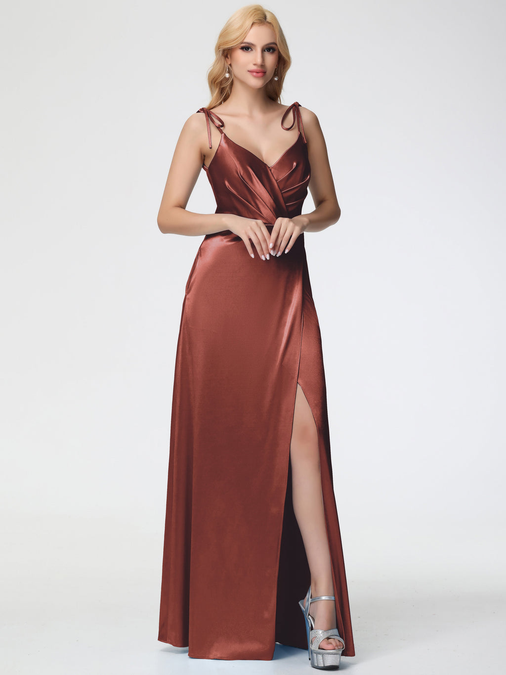 Bridesmaid Terracotta Color Dress Spaghetti Straps V-Neck Ruched Floor Length Stretch Satin Bridesmaid Dress With Slit