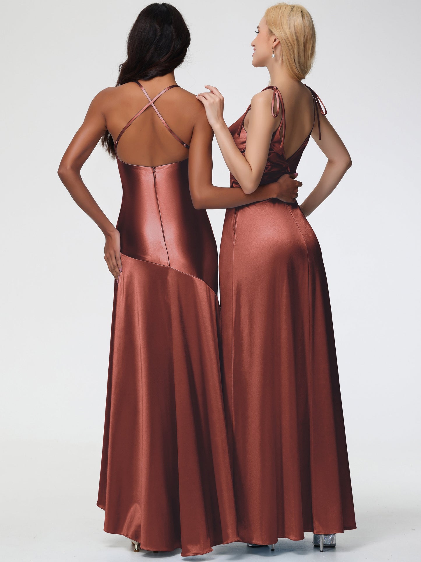 Bridesmaid Terracotta Color Dress Spaghetti Straps V-Neck Ruched Floor Length Stretch Satin Bridesmaid Dress With Slit