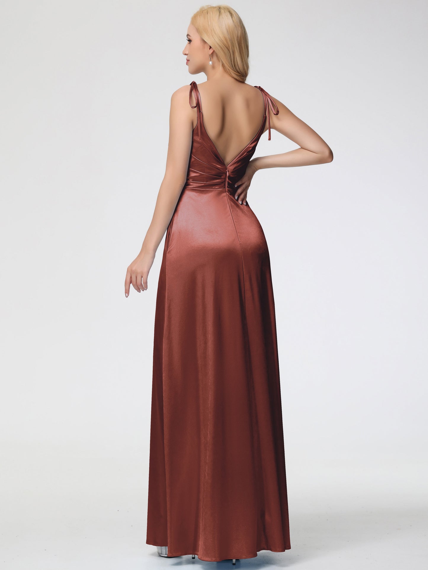 Bridesmaid Terracotta Color Dress Spaghetti Straps V-Neck Ruched Floor Length Stretch Satin Bridesmaid Dress With Slit