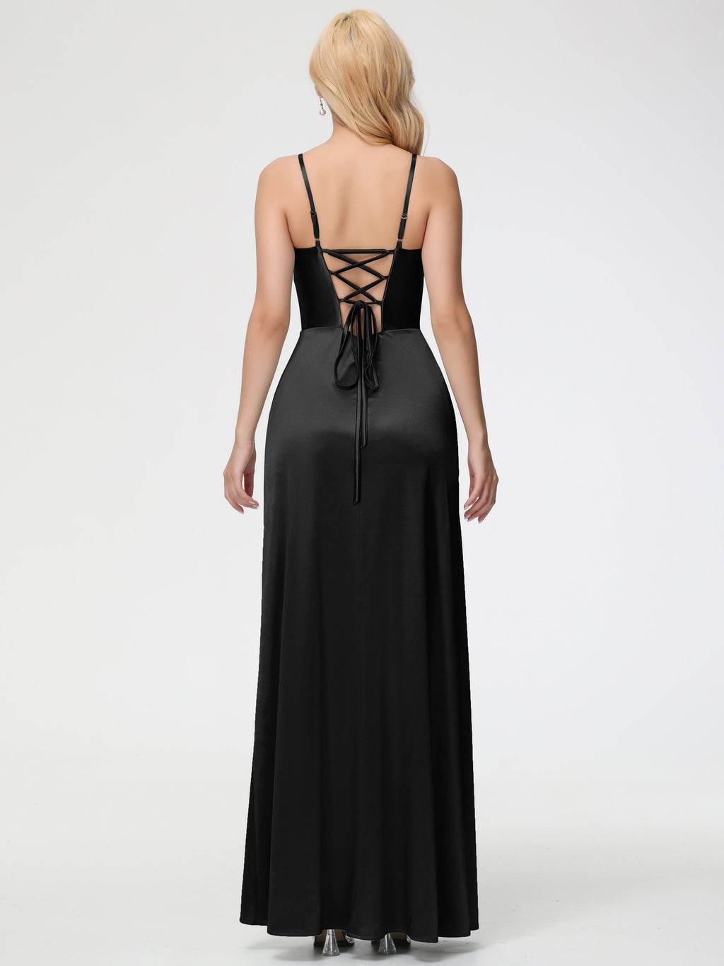Black Bridesmaid Dress With Sleeves Spaghetti Straps V-Neck Floor Length Stretch Satin Bridesmaid Dress With Slit