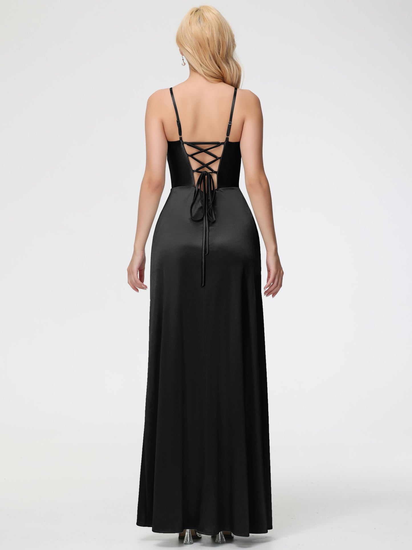 Black Bridesmaid Dress With Sleeves Spaghetti Straps V-Neck Floor Length Stretch Satin Bridesmaid Dress With Slit