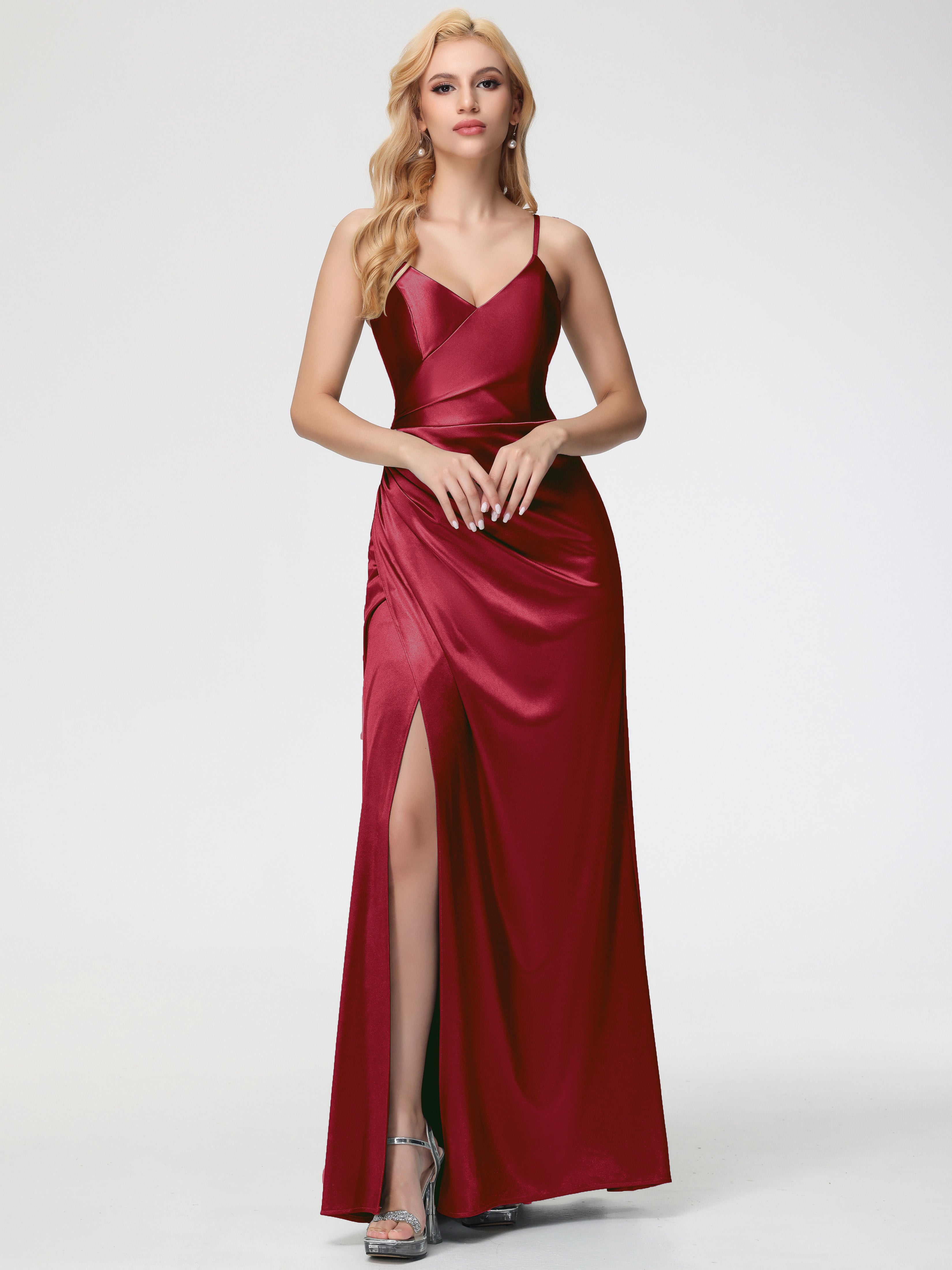 Bridesmaid Burgundy Dresses Spaghetti Straps V-Neck Floor Length Stretch Satin Bridesmaid Dress With Slit