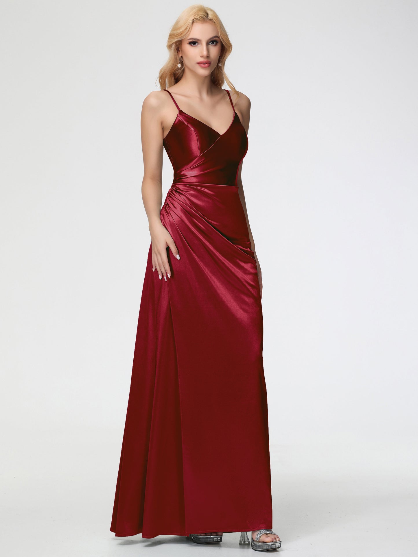 Bridesmaid Burgundy Dresses Spaghetti Straps V-Neck Floor Length Stretch Satin Bridesmaid Dress With Slit