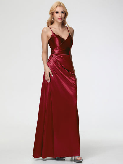 Bridesmaid Burgundy Dresses Spaghetti Straps V-Neck Floor Length Stretch Satin Bridesmaid Dress With Slit