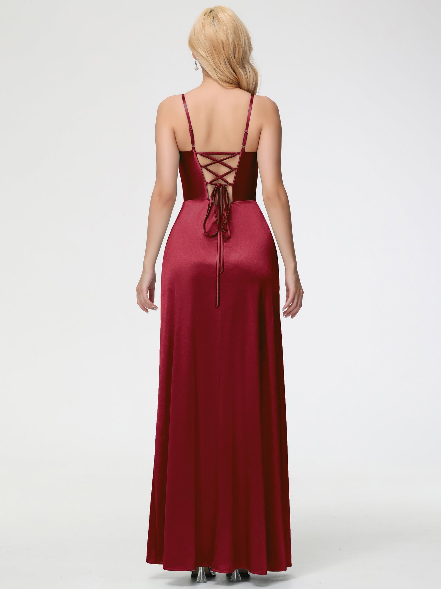 Bridesmaid Burgundy Dresses Spaghetti Straps V-Neck Floor Length Stretch Satin Bridesmaid Dress With Slit