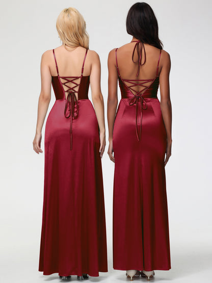 Bridesmaid Burgundy Dresses Spaghetti Straps V-Neck Floor Length Stretch Satin Bridesmaid Dress With Slit