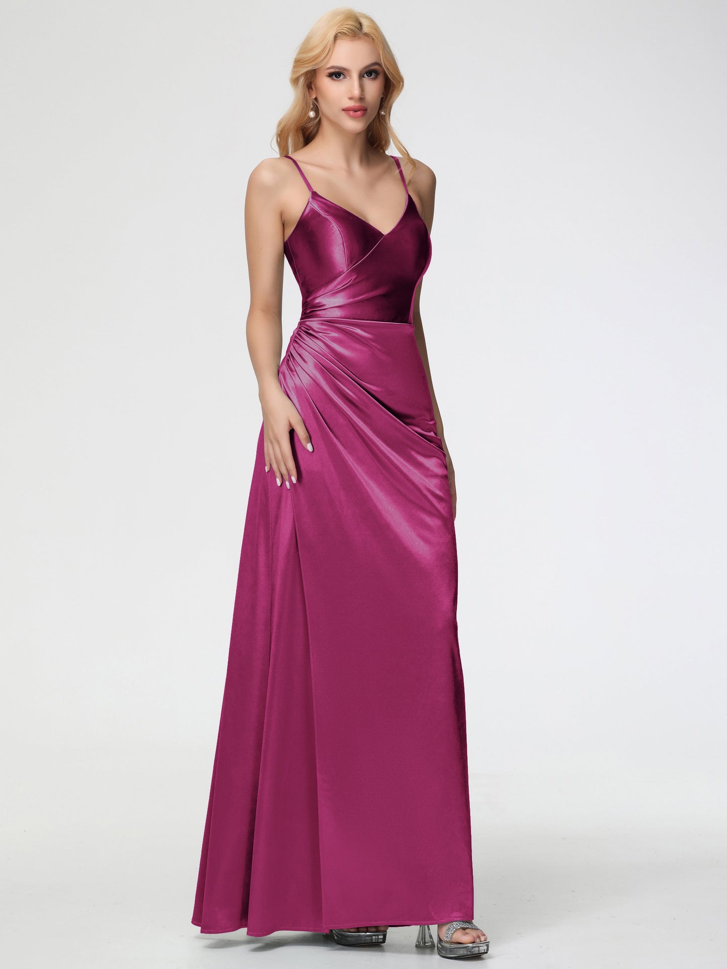 Bridesmaid Dress Fuchsia Spaghetti Straps V-Neck Floor Length Stretch Satin Bridesmaid Dress With Slit