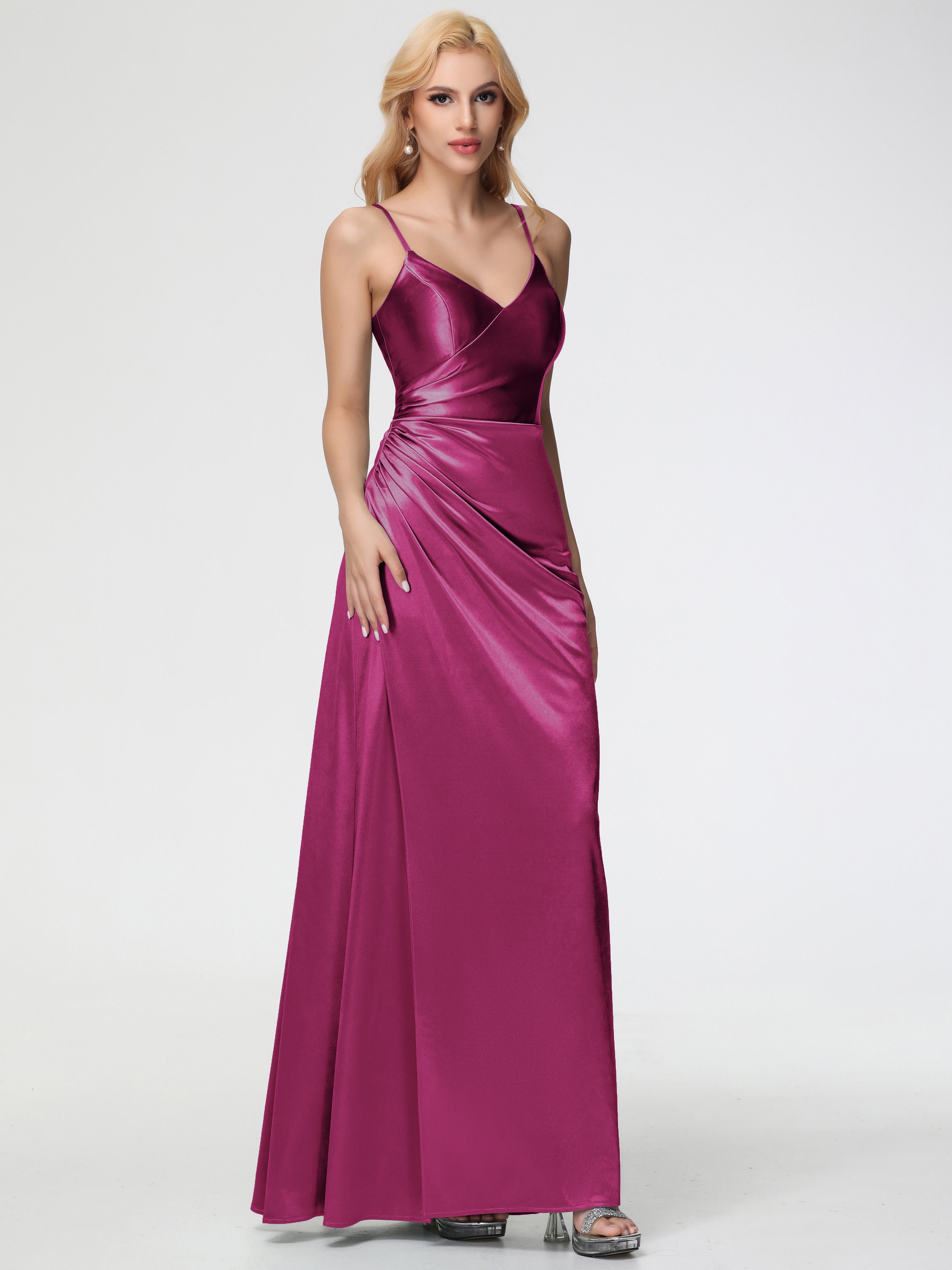 Bridesmaid Dress Fuchsia Spaghetti Straps V-Neck Floor Length Stretch Satin Bridesmaid Dress With Slit