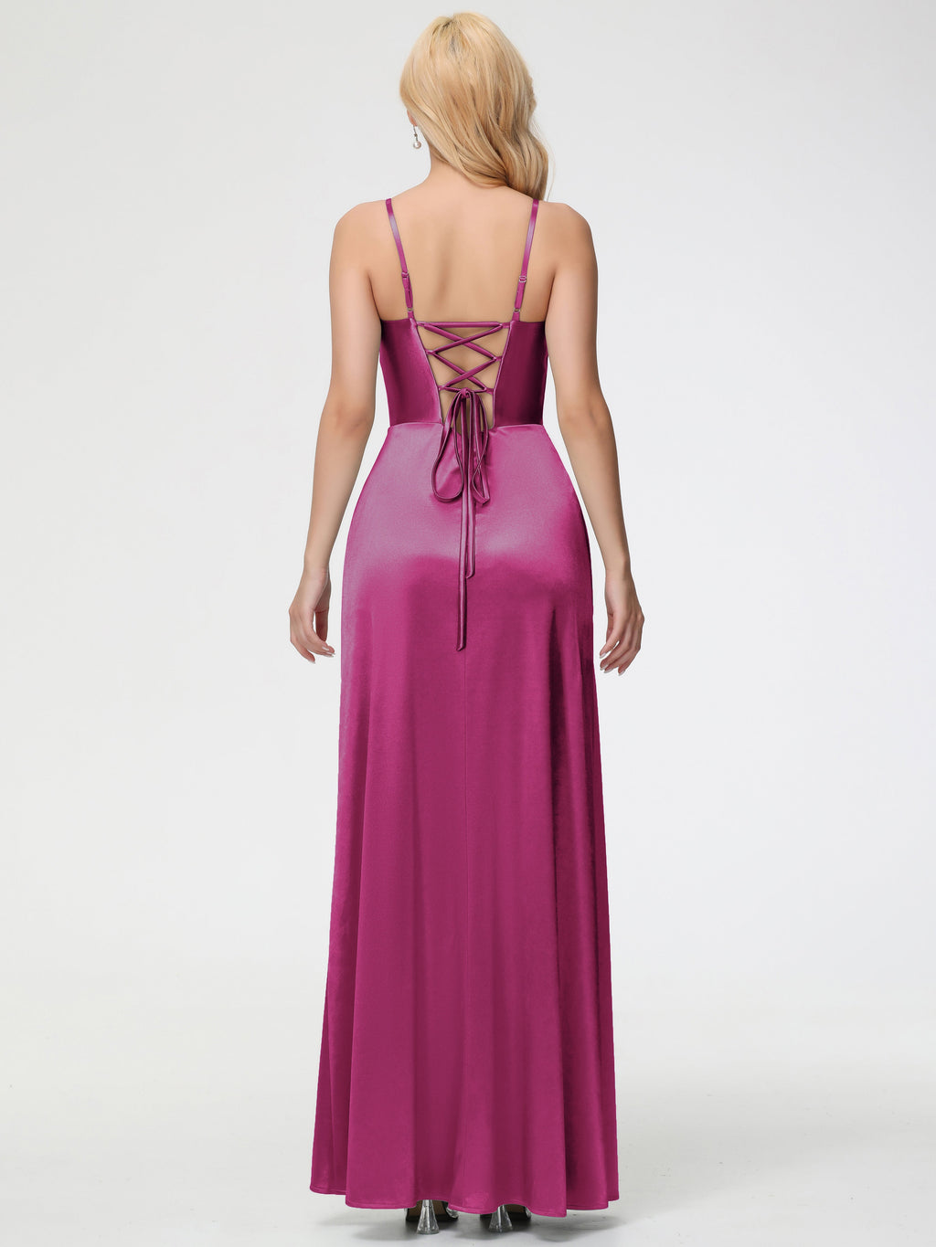 Bridesmaid Dress Fuchsia Spaghetti Straps V-Neck Floor Length Stretch Satin Bridesmaid Dress With Slit