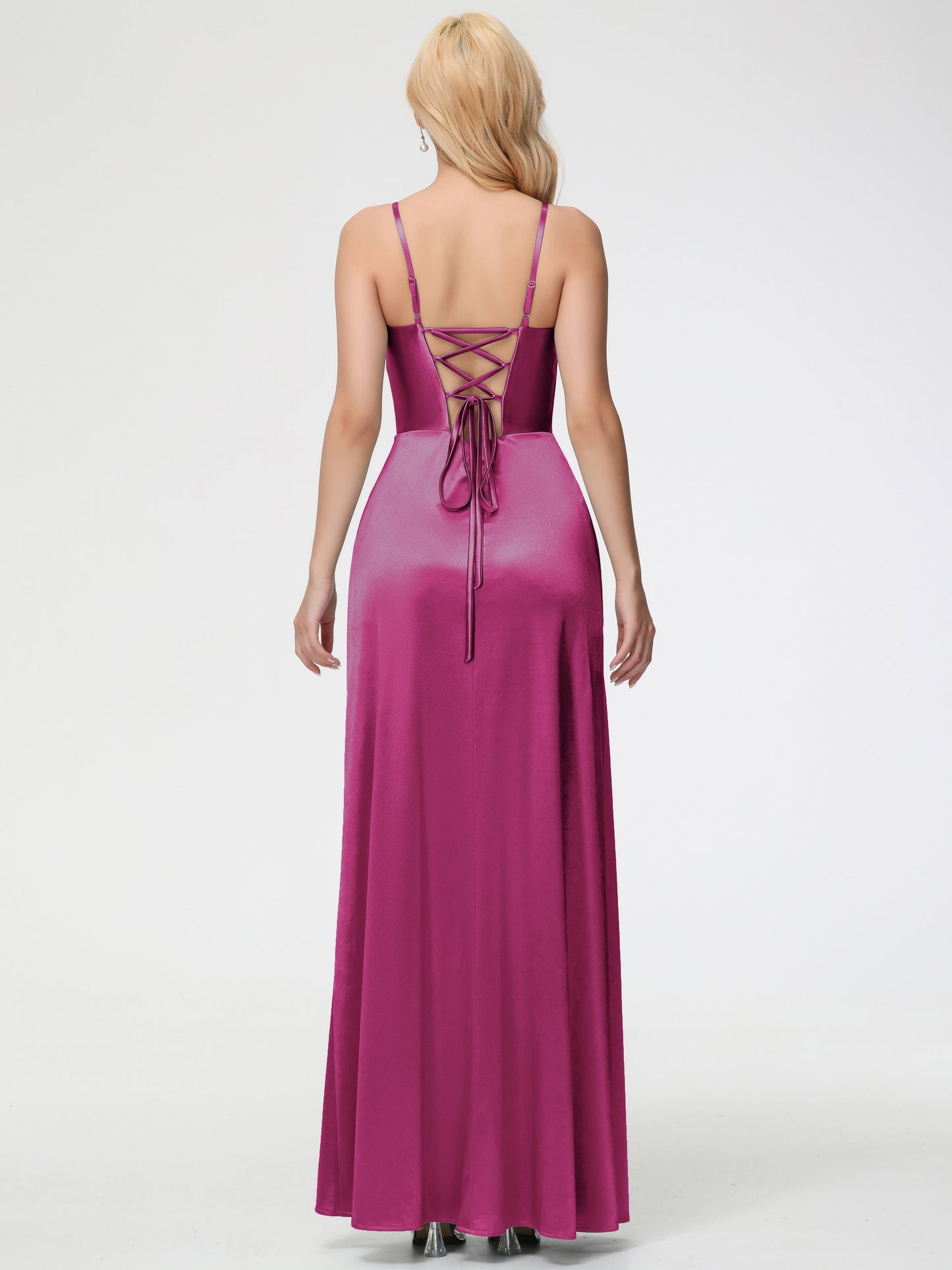 Bridesmaid Dress Fuchsia Spaghetti Straps V-Neck Floor Length Stretch Satin Bridesmaid Dress With Slit