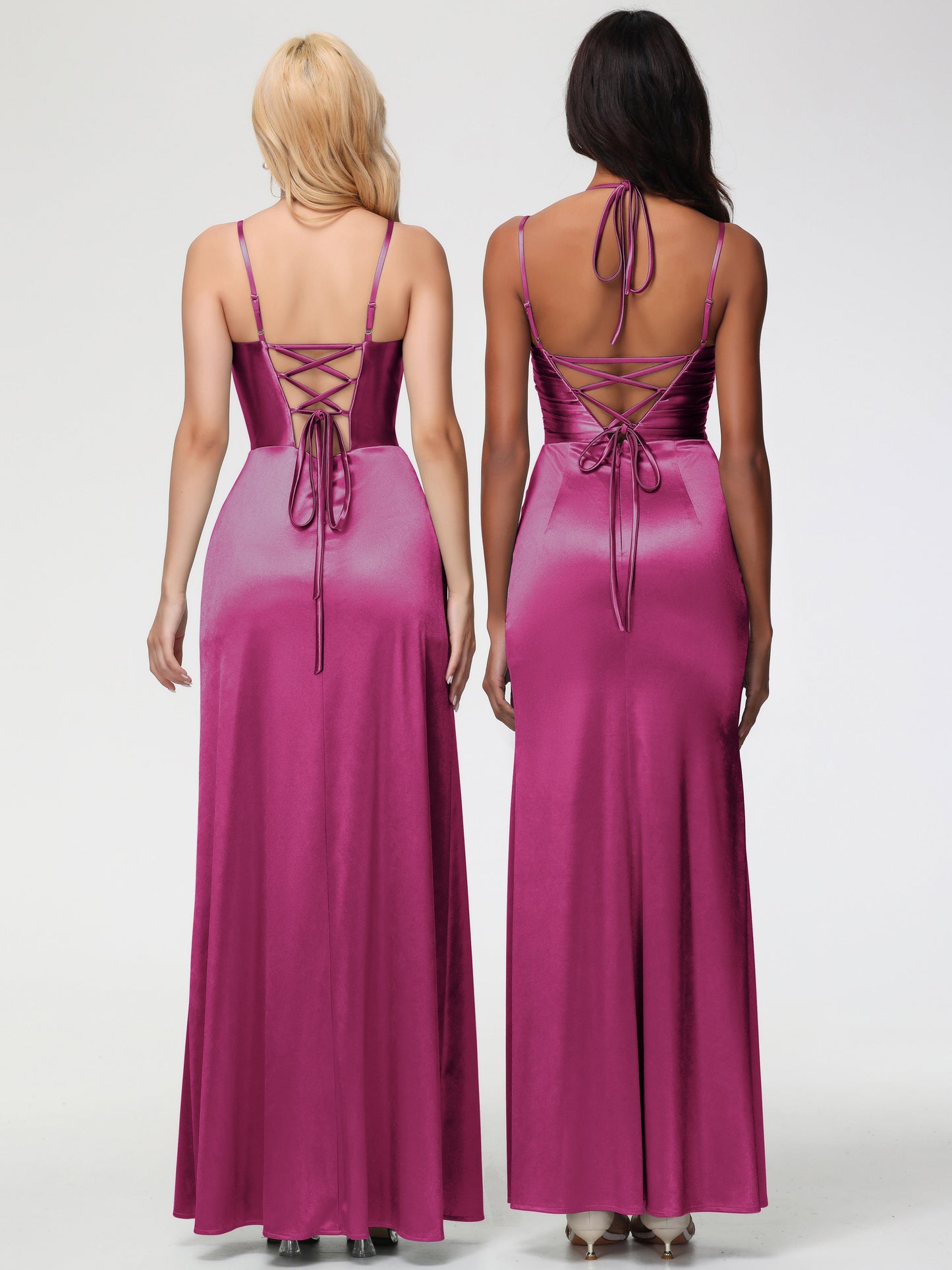 Bridesmaid Dress Fuchsia Spaghetti Straps V-Neck Floor Length Stretch Satin Bridesmaid Dress With Slit