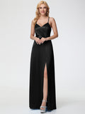 Stretch Satin Black Bridesmaid Dresses Spaghetti Straps V-Neck Pleated Open Back Stretch Satin Bridesmaid Dress With Slit