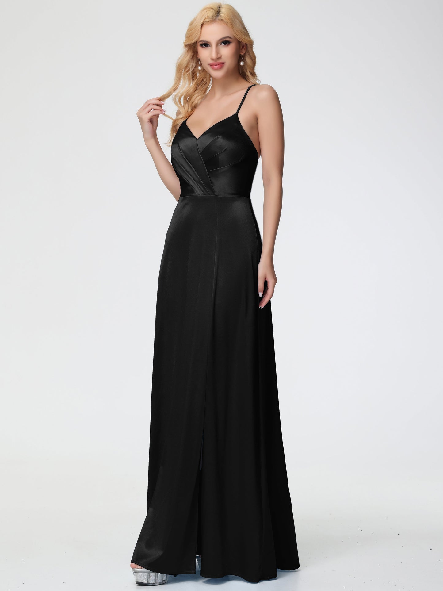 Stretch Satin Black Bridesmaid Dresses Spaghetti Straps V-Neck Pleated Open Back Stretch Satin Bridesmaid Dress With Slit