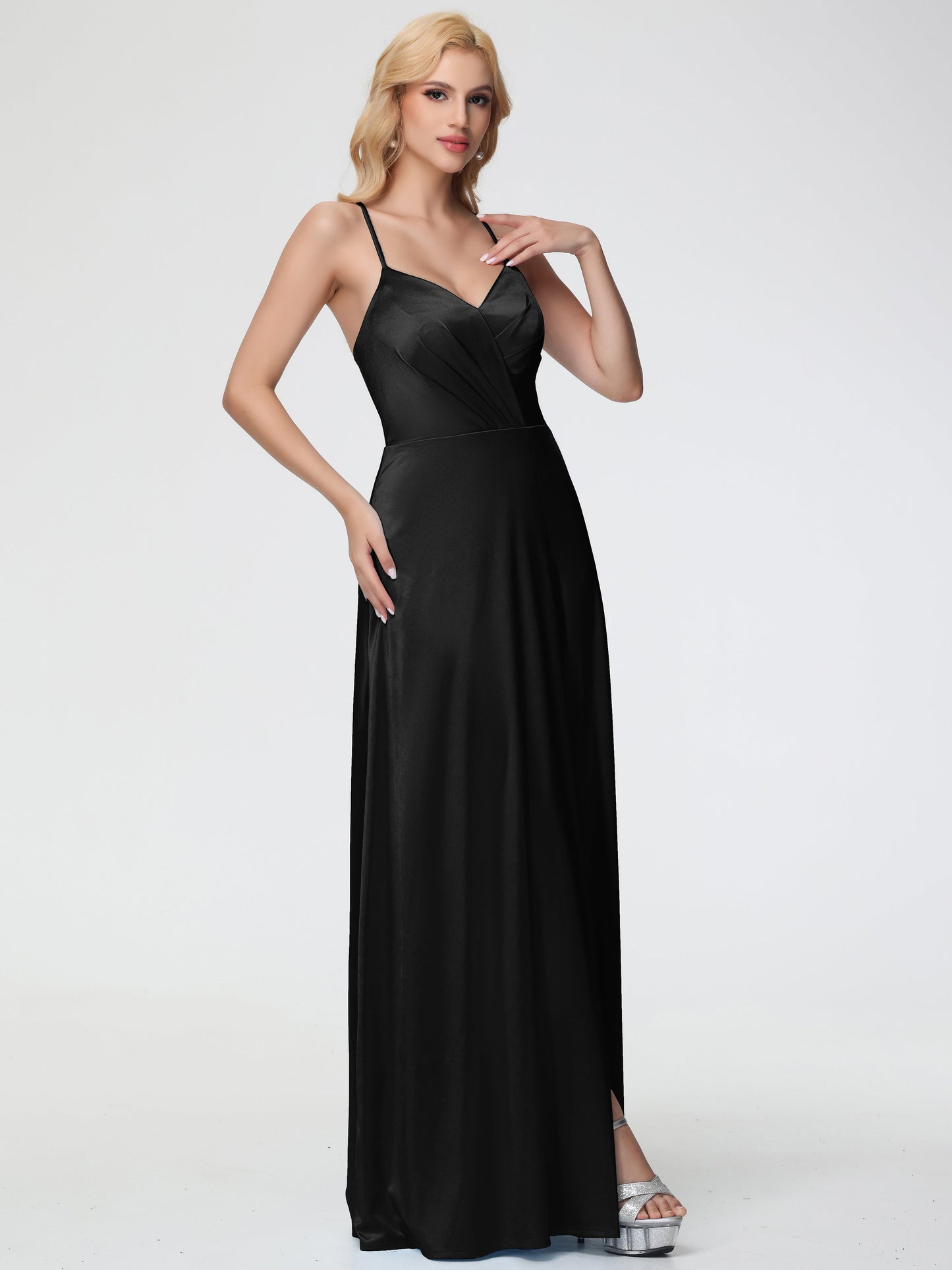Stretch Satin Black Bridesmaid Dresses Spaghetti Straps V-Neck Pleated Open Back Stretch Satin Bridesmaid Dress With Slit