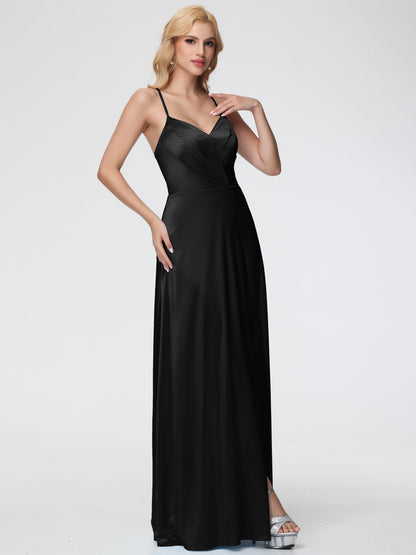 Stretch Satin Black Bridesmaid Dresses Spaghetti Straps V-Neck Pleated Open Back Stretch Satin Bridesmaid Dress With Slit